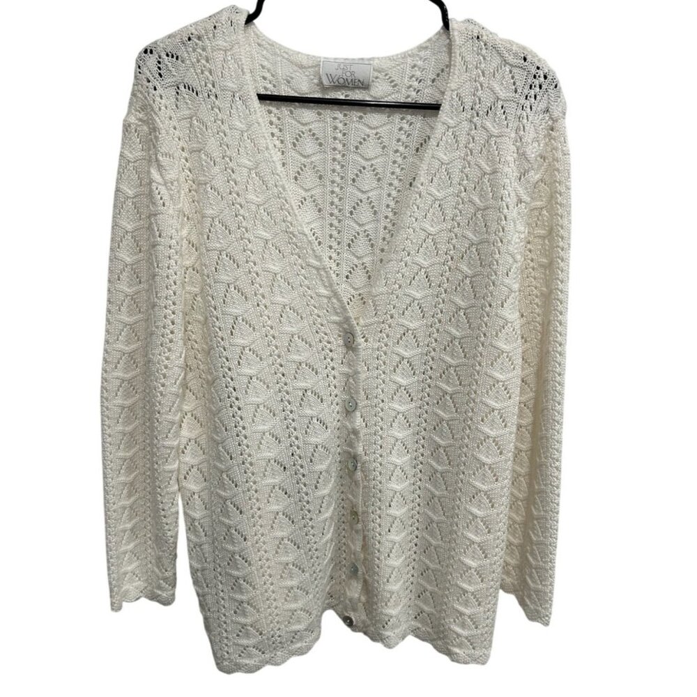 Vintage Just For Women White Crochet Button-Up Cardigan Sweater Sz 1X